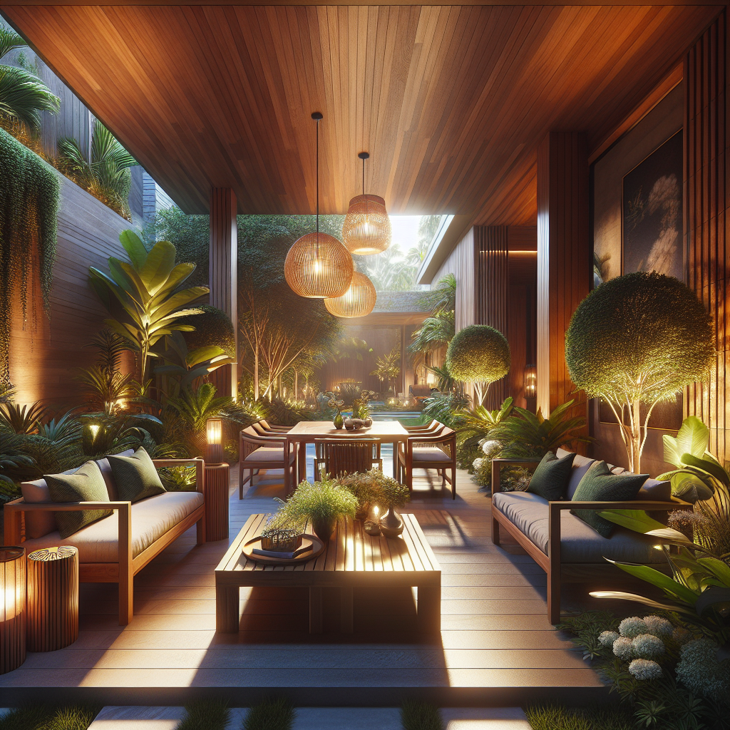 Teak garden furniture made from Indonesian teak wood in a lush garden