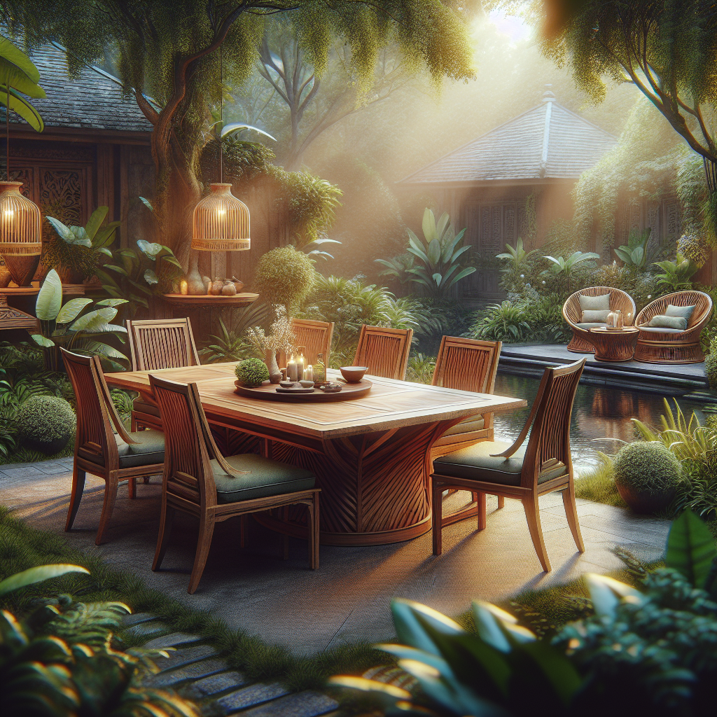 Indonesian teak garden furniture set in a lush garden