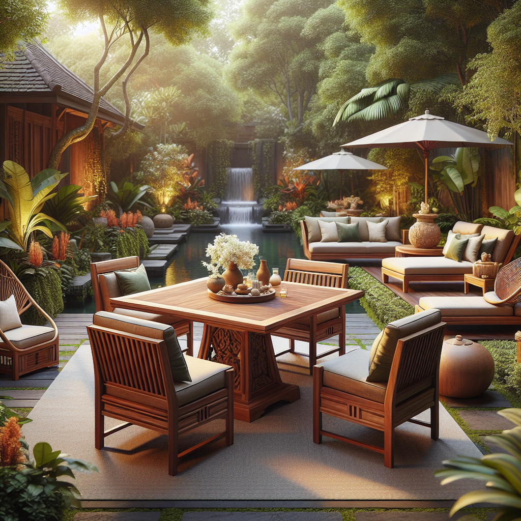 Indonesian teak garden furniture set with table and chairs in tropical garden
