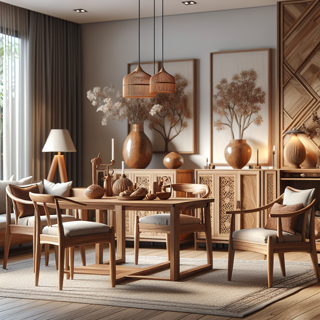 Indoor teak furniture including table and chairs in warm wood tones