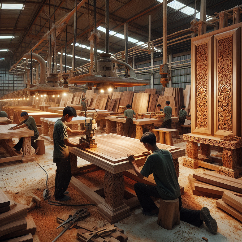 Teak furniture artisans at work in an Indonesian factory
