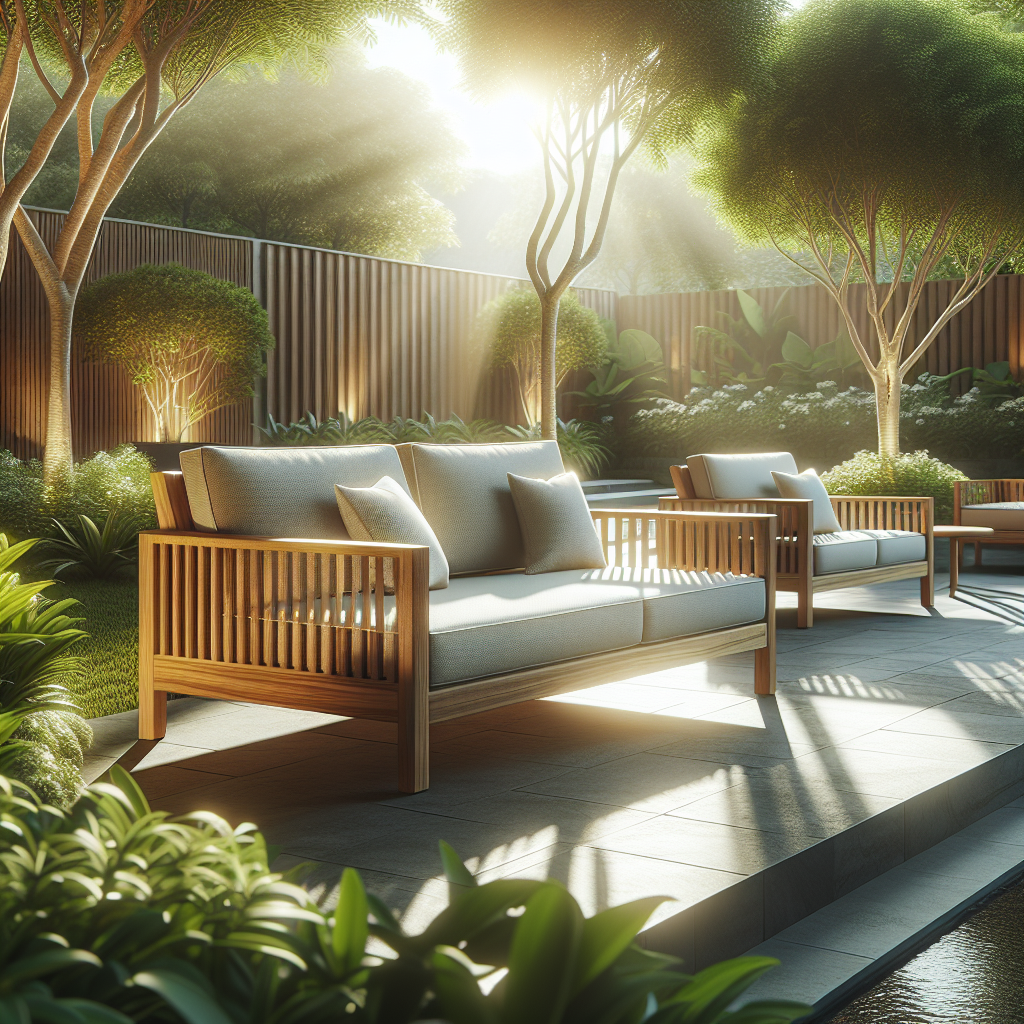 Outdoor teak wood settee with cushions in a garden patio