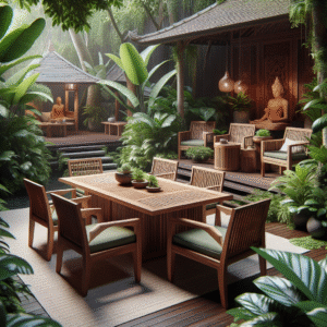 Outdoor teak furniture in a lush garden