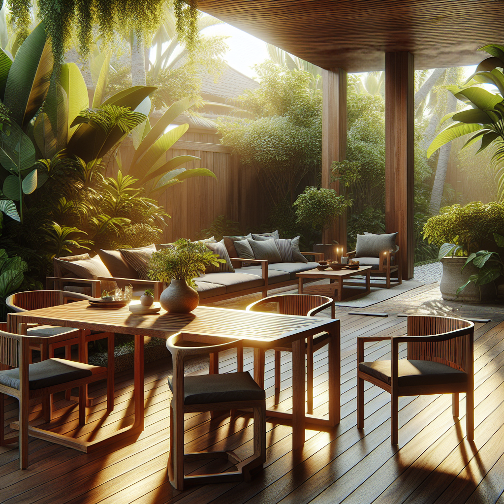 Teak outdoor furniture in tropical garden