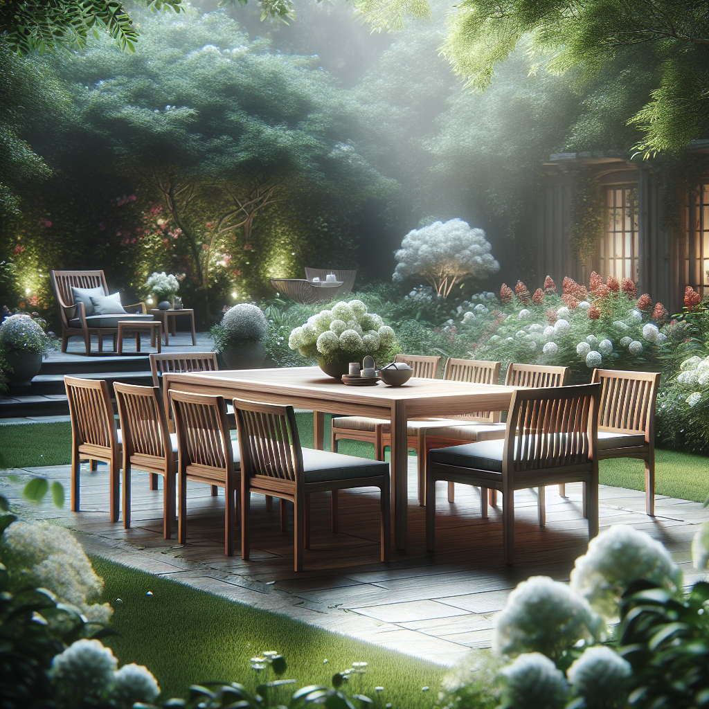 Teak wood garden furniture set in a blooming backyard