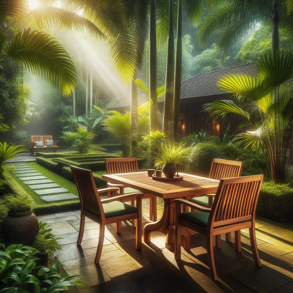Outdoor teak garden furniture set with natural golden-brown finish in tropical garden