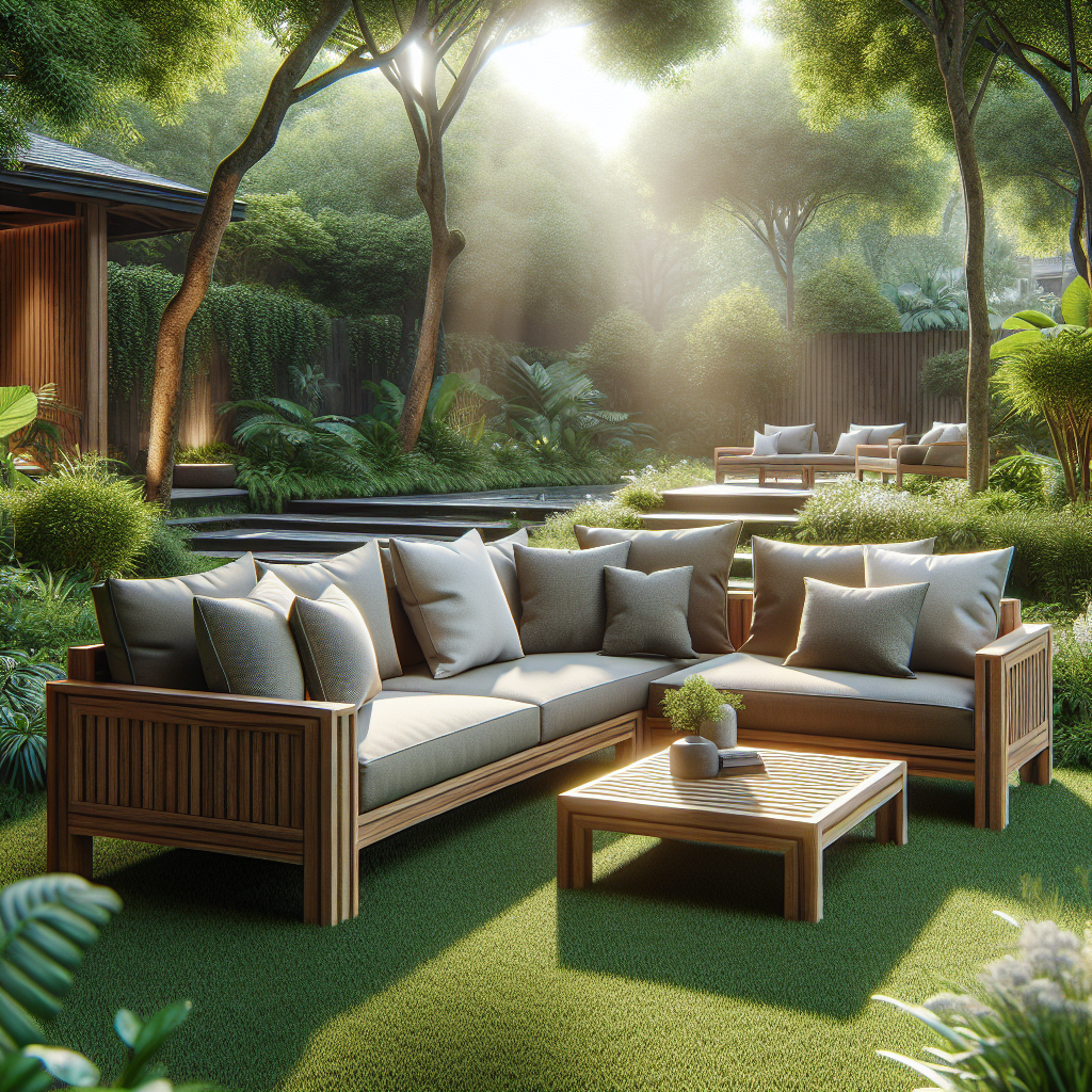 Teak garden sofa with cushions in a green garden