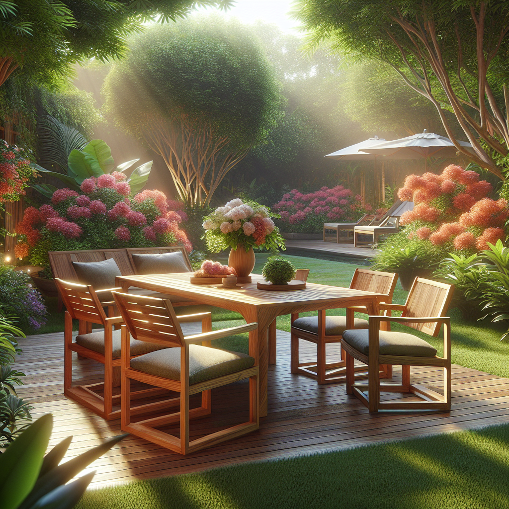 Solid Indonesian teak garden furniture set in a green garden