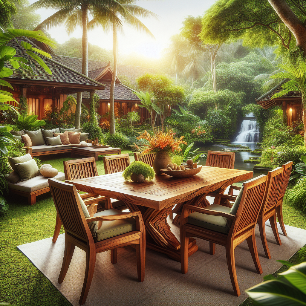 Outdoor teak dining set in tropical garden