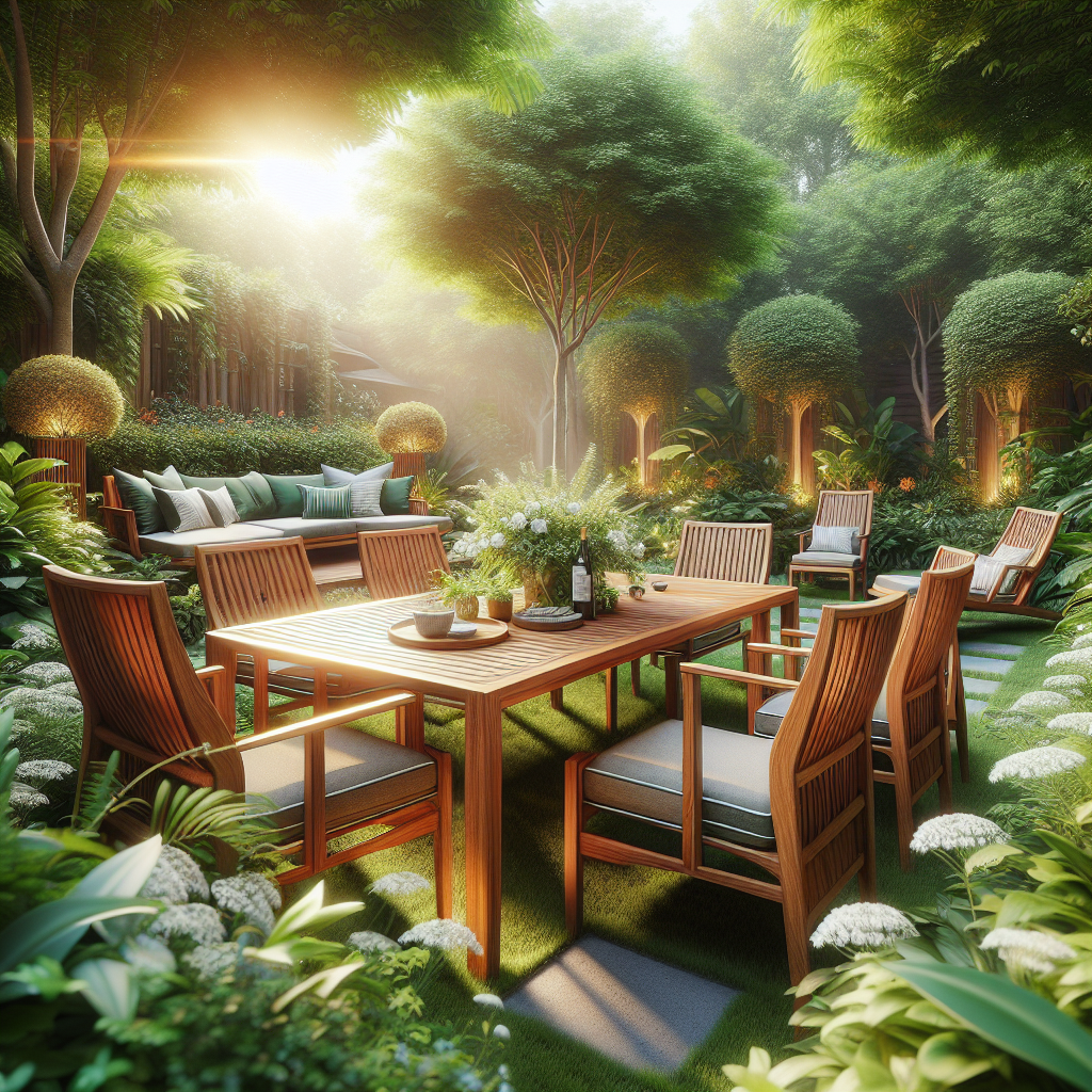Indonesian teak garden furniture including dining table, chairs, and lounge seating in outdoor garden