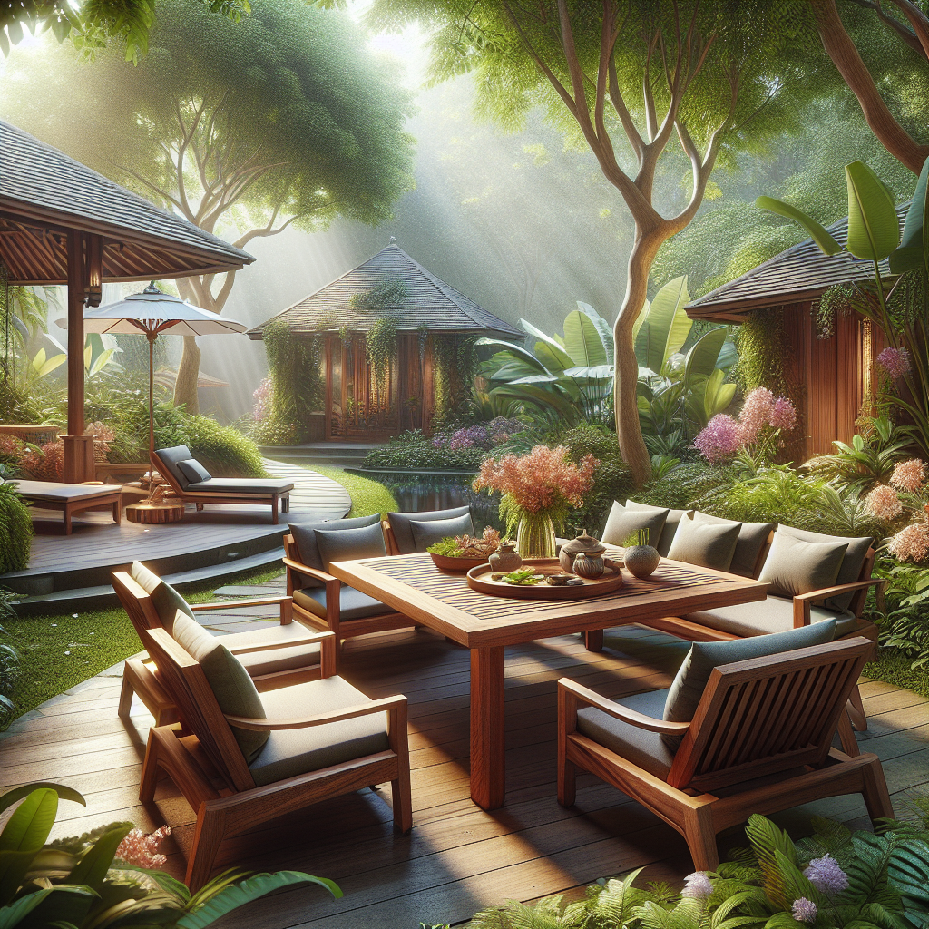 Indonesian teak garden furniture in a lush outdoor setting
