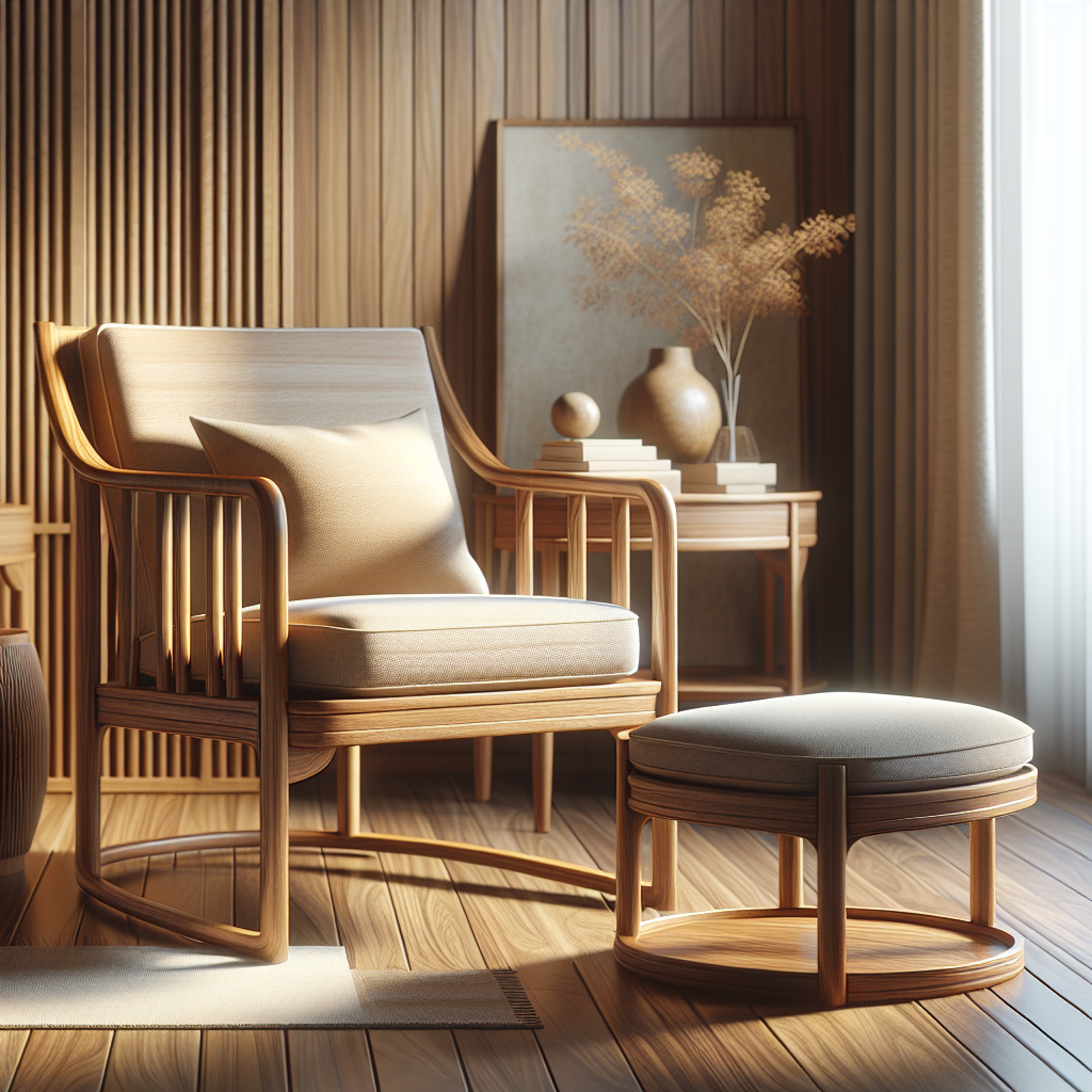 Teak chair with matching footstool in a cozy room