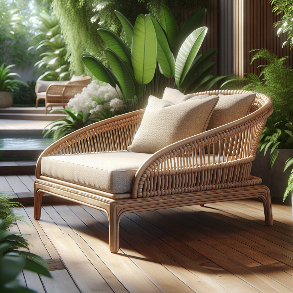 Teak rattan lounge chair with beige cushions in outdoor garden
