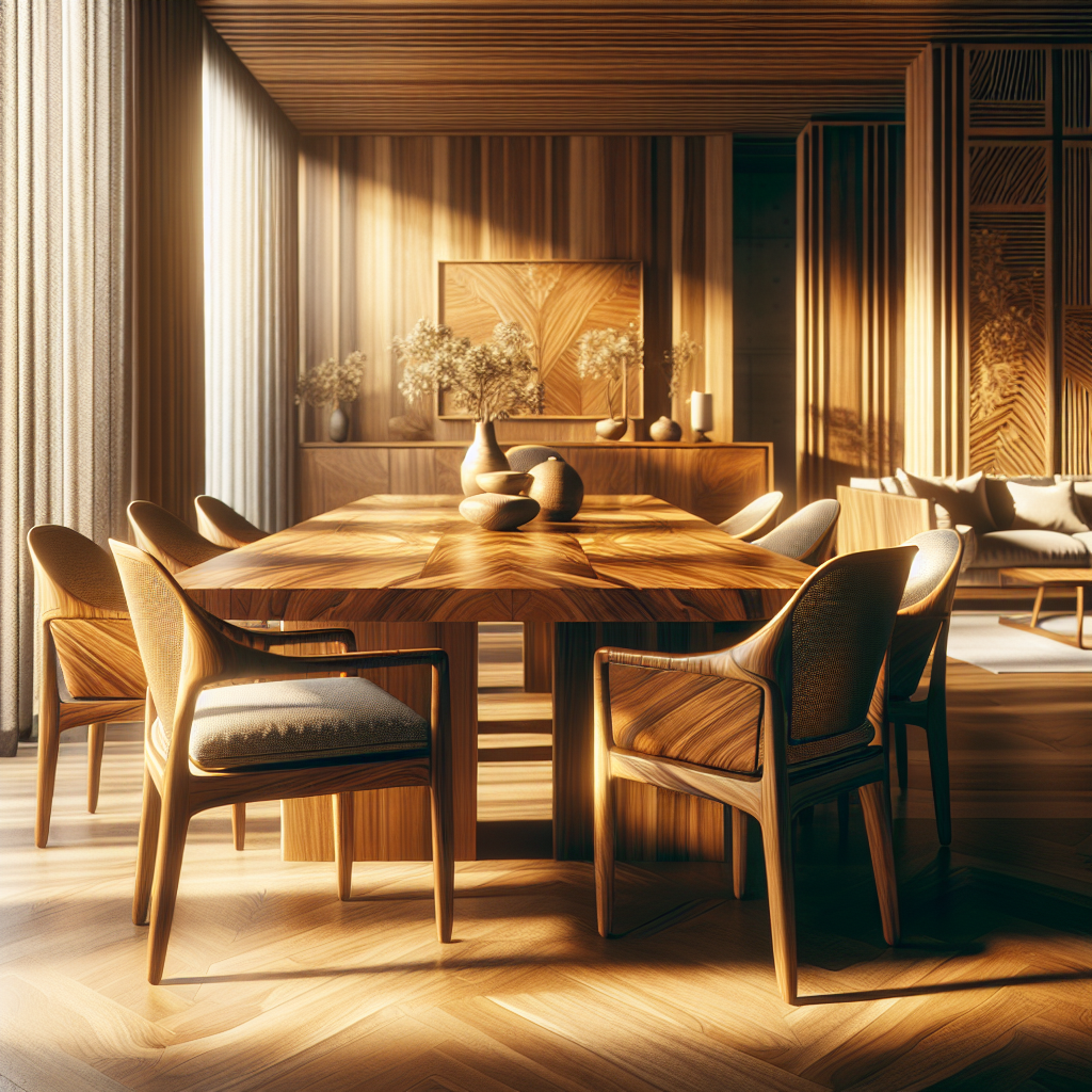 Wooden teak dining table with matching chairs in a bright elegant room