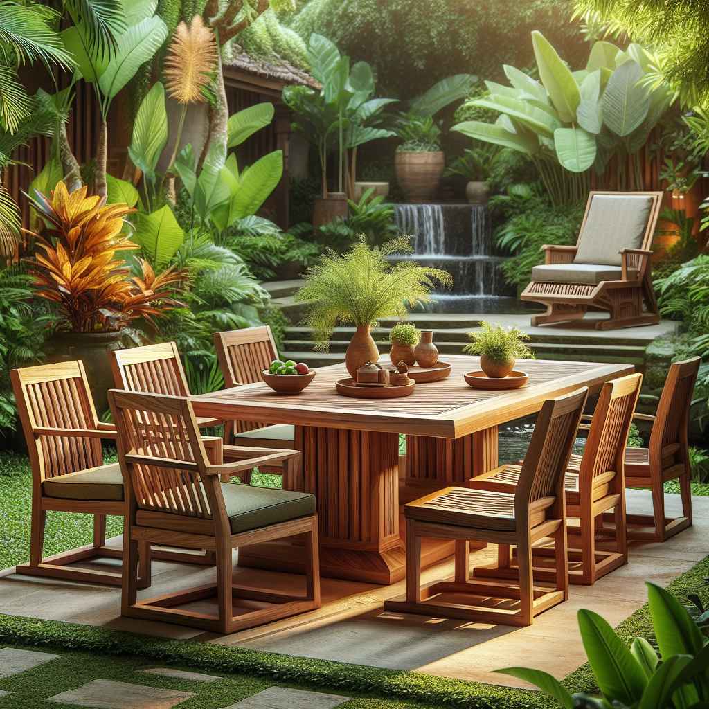 Teak outdoor dining table and chairs set in a tropical garden