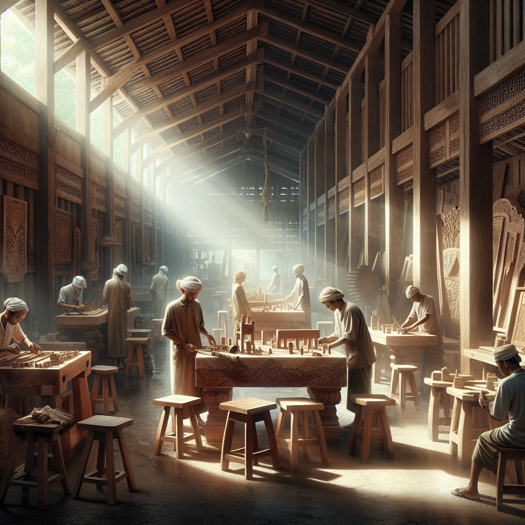 Skilled artisans crafting teak furniture in an Indonesian workshop