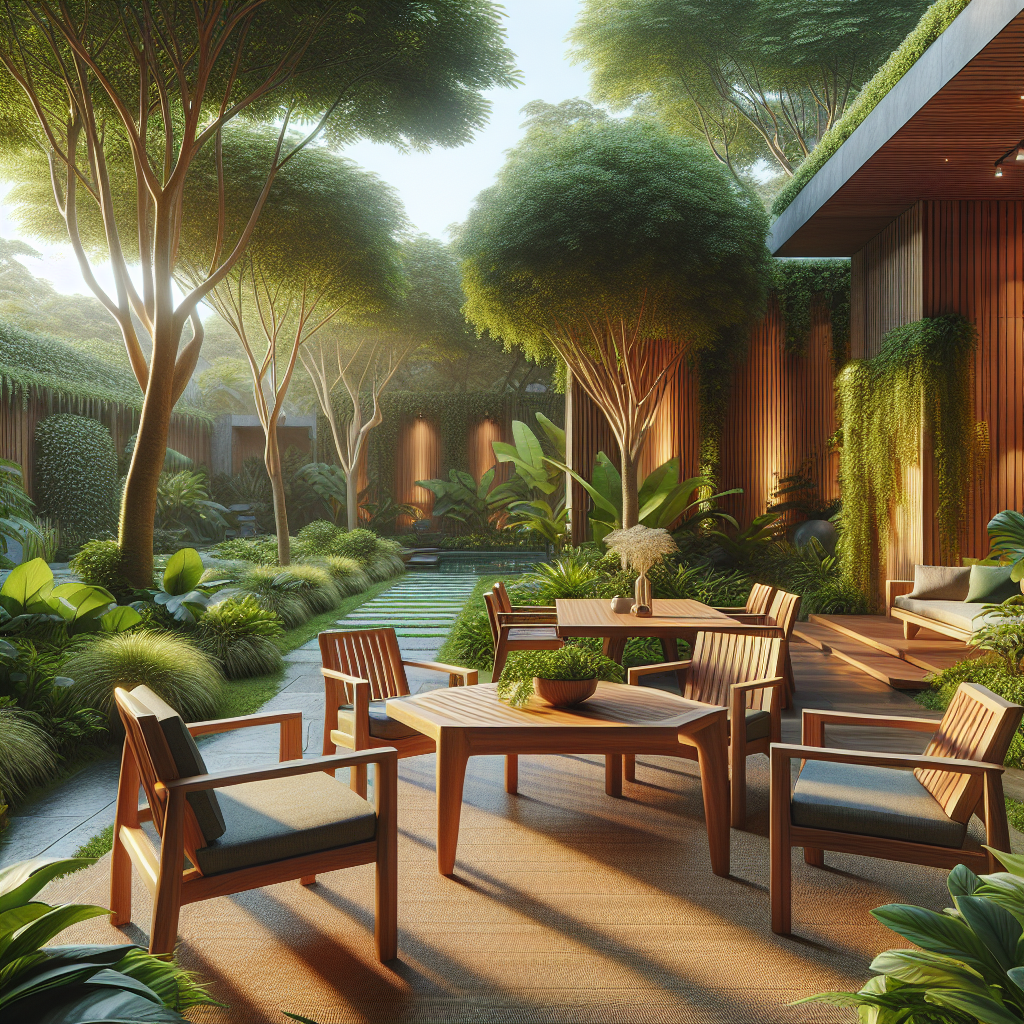 Indoor garden scene with Indonesian teak wood furniture