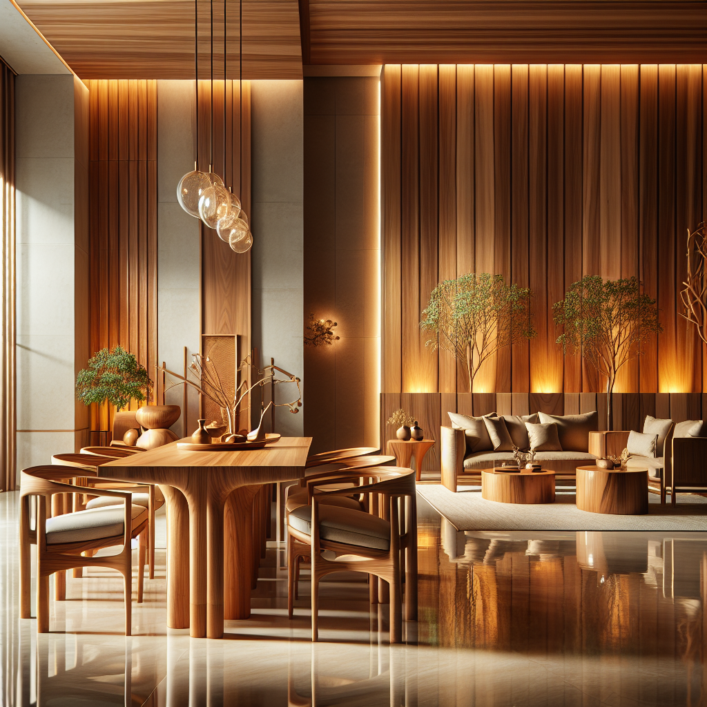 Indoor teak furniture showcasing a dining table, chairs, and coffee table with natural wood grain