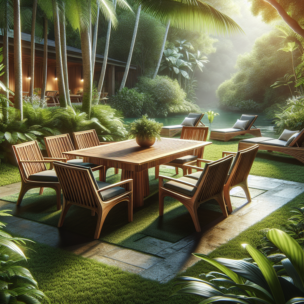 Outdoor teak furniture set with dining table and chairs in tropical garden