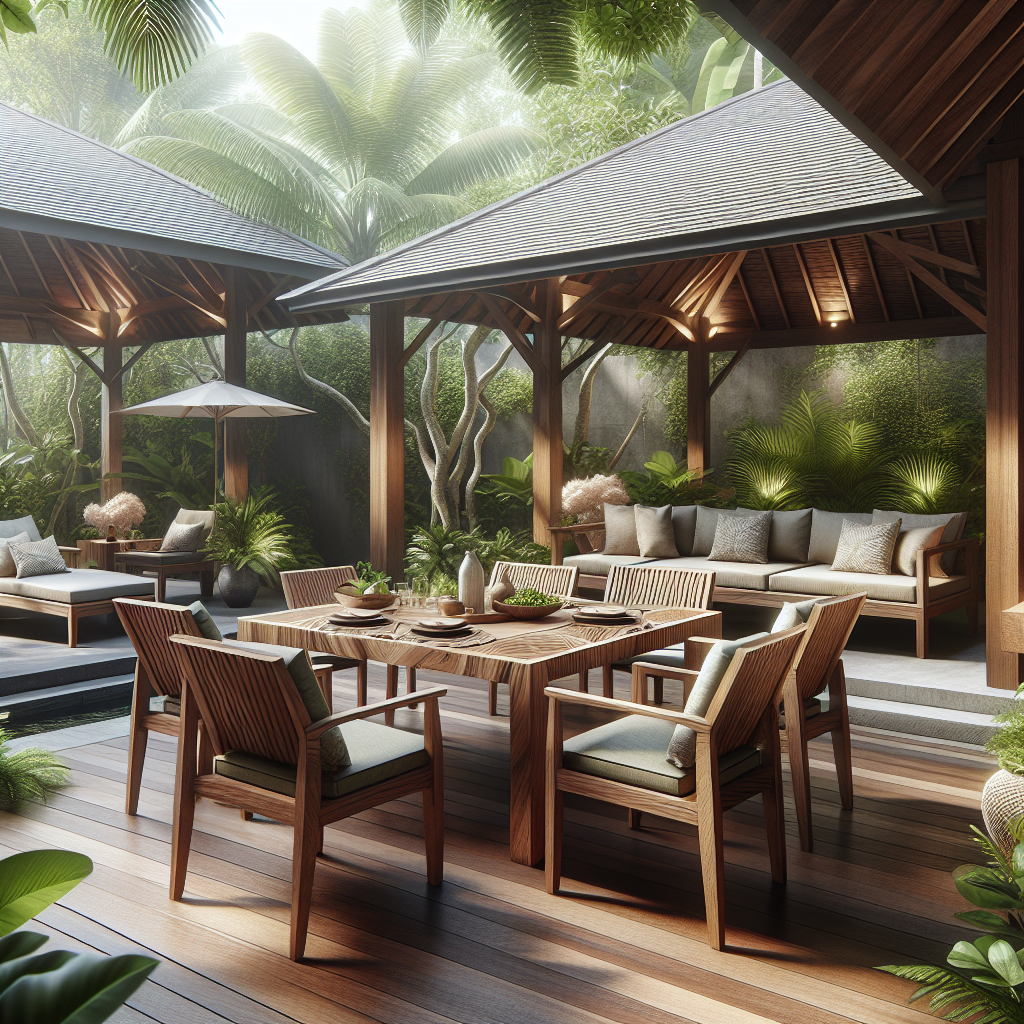 Indonesian teak outdoor furniture on tropical garden patio