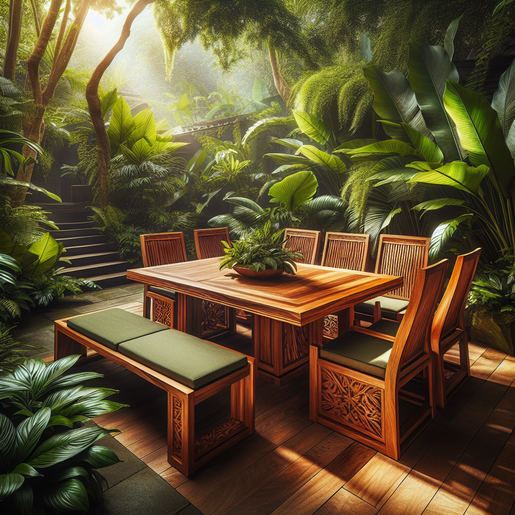 A set of teak outdoor furniture in a tropical garden