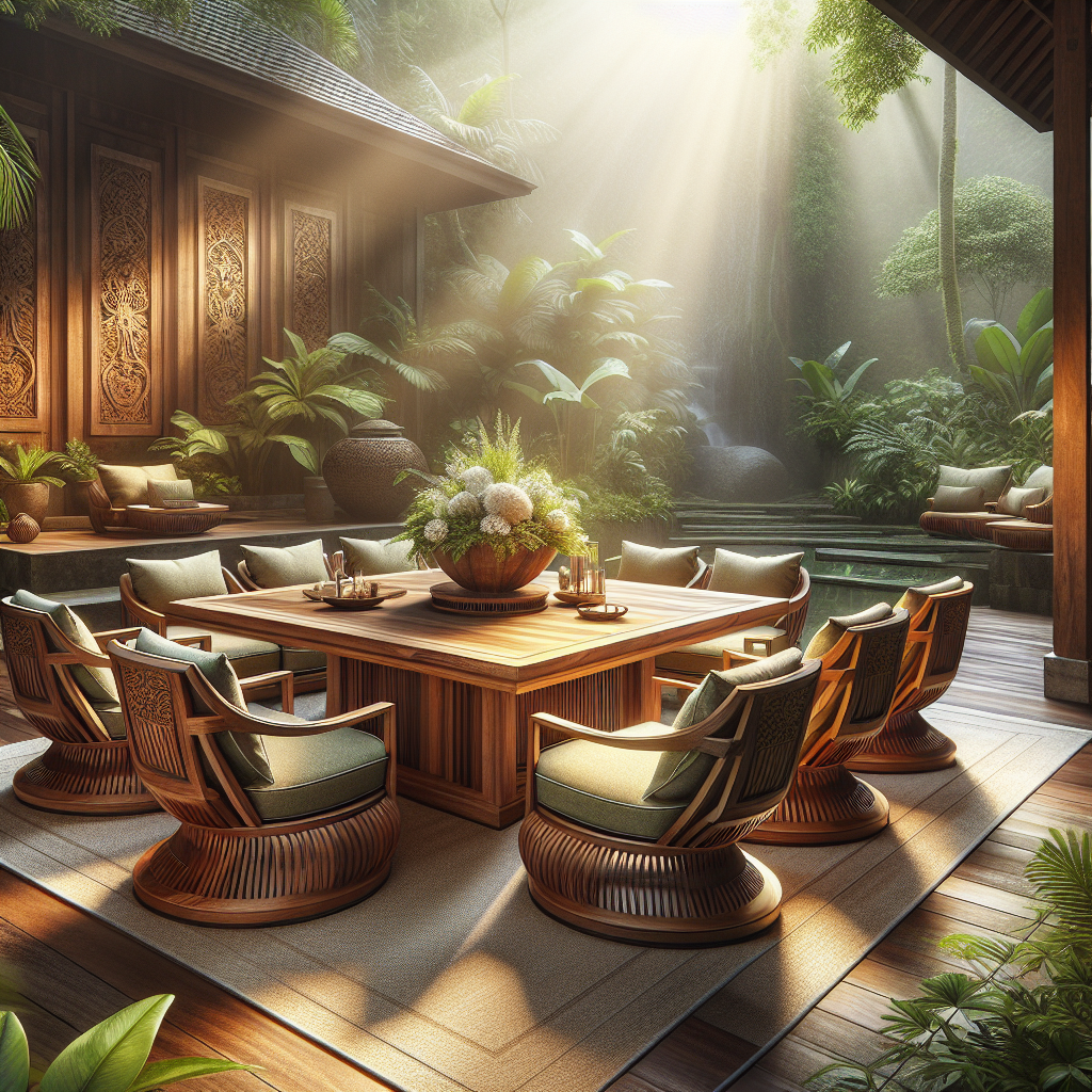 Indonesian teak outdoor dining table and chairs in garden