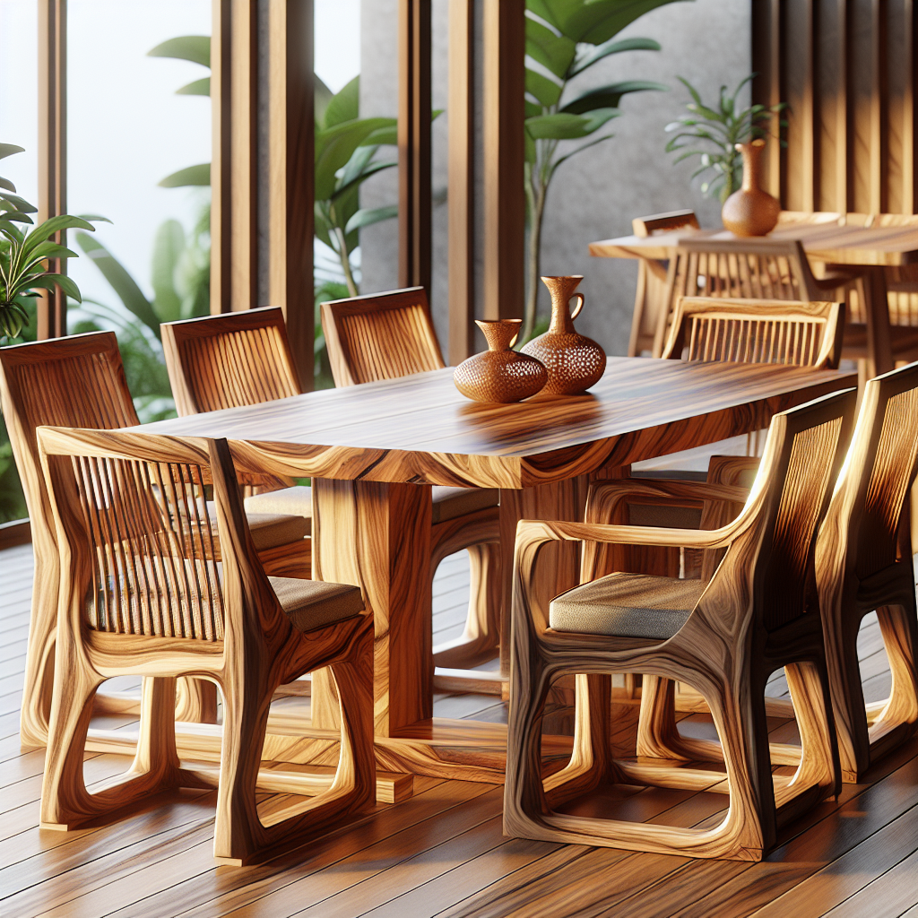 Indonesian teak wood dining table and chairs with natural grain