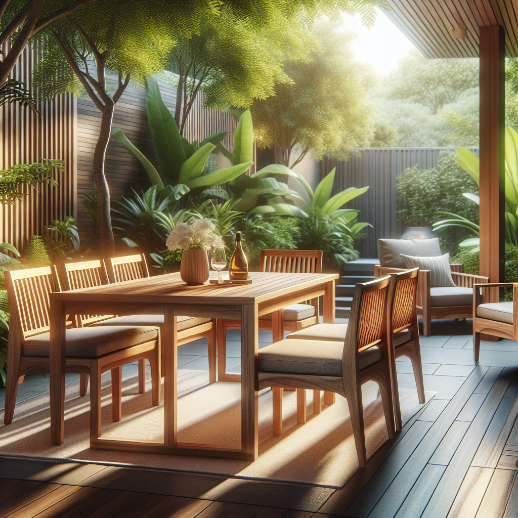 Teak dining table and chairs in garden surrounded by plants