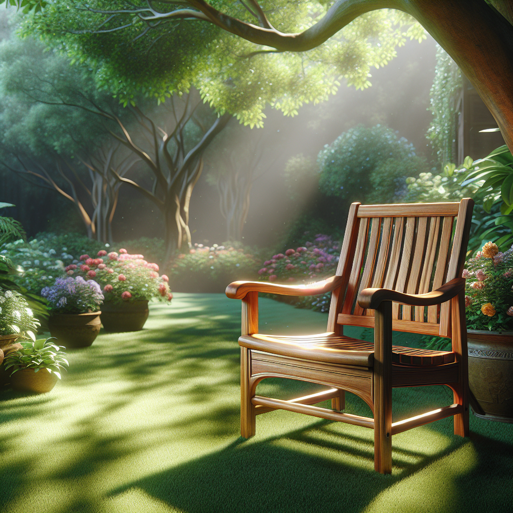 Teak garden chair with golden-brown wood grain in a green garden