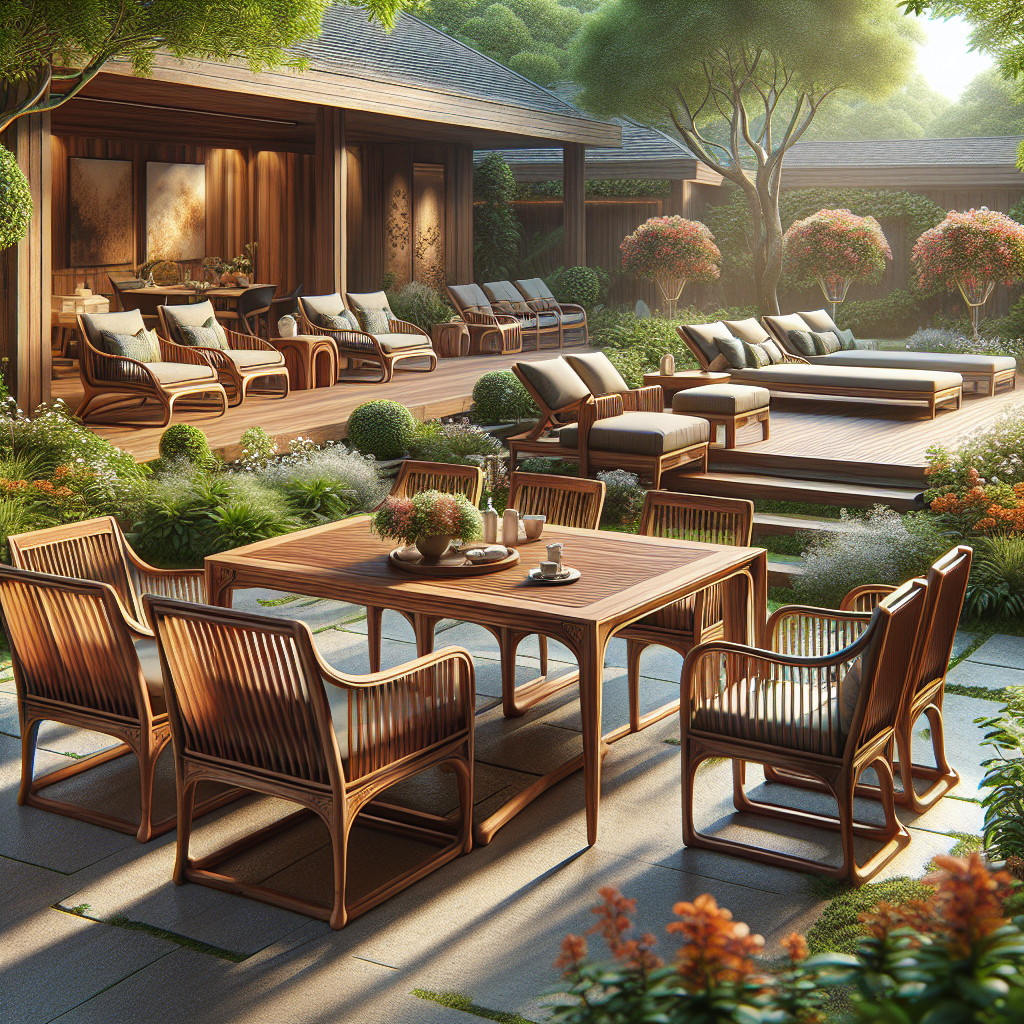 Teak garden furniture including table, chairs, and benches surrounded by greenery