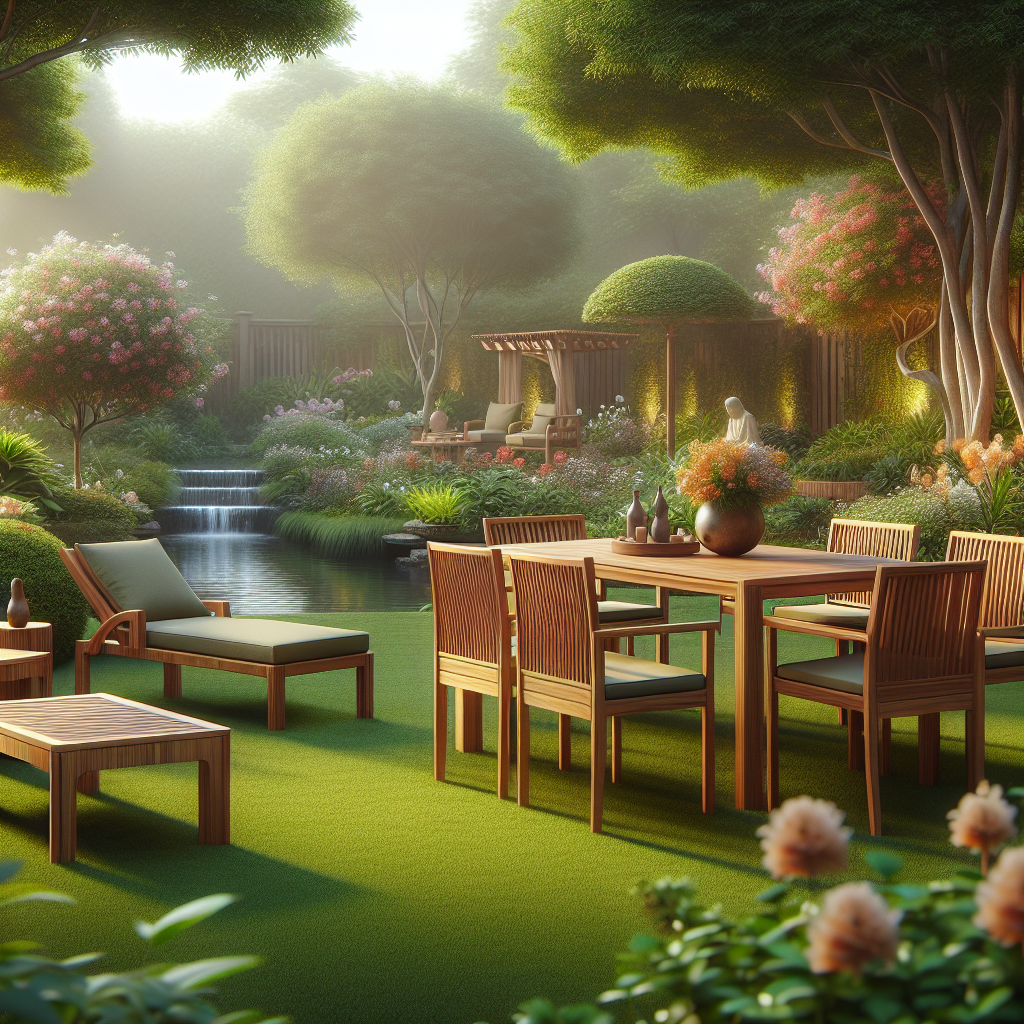 Teak garden furniture set on green lawn with natural sunlight