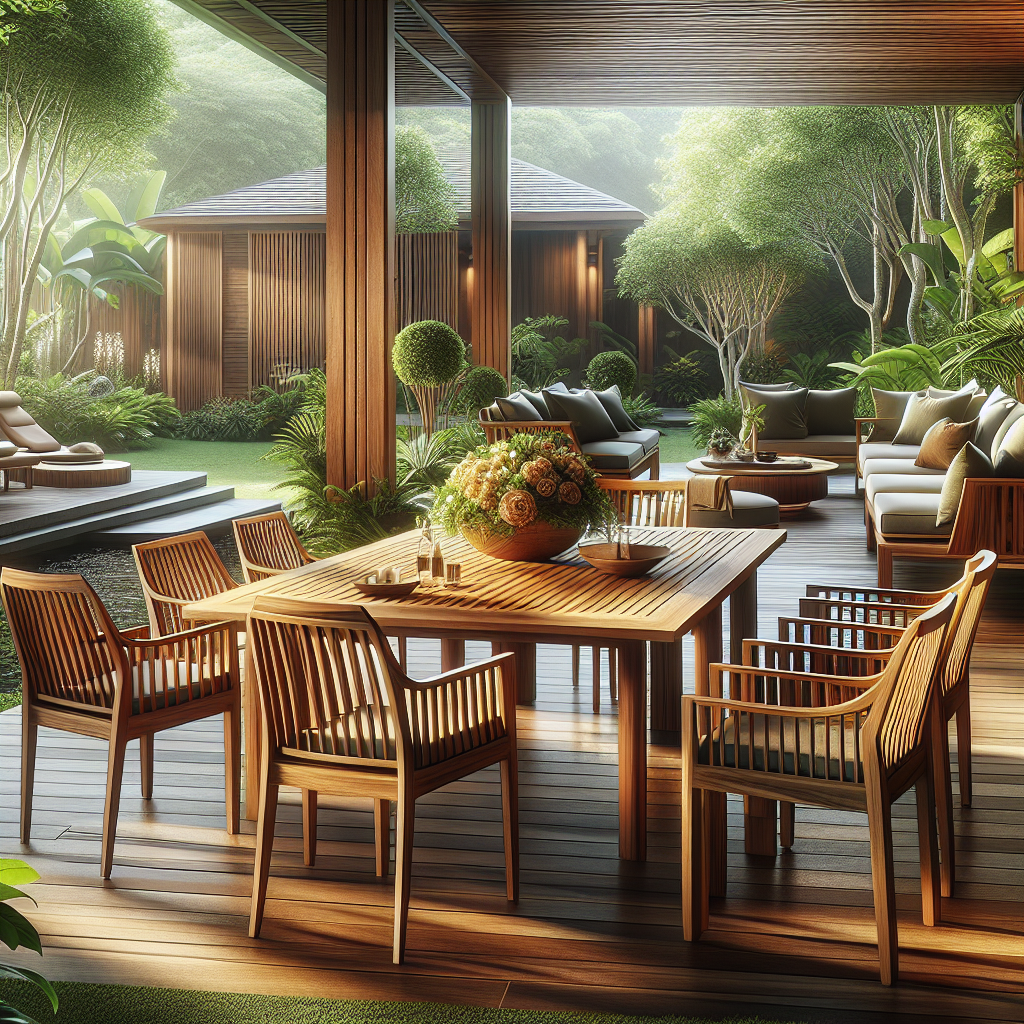 Teak garden furniture in lush outdoor setting