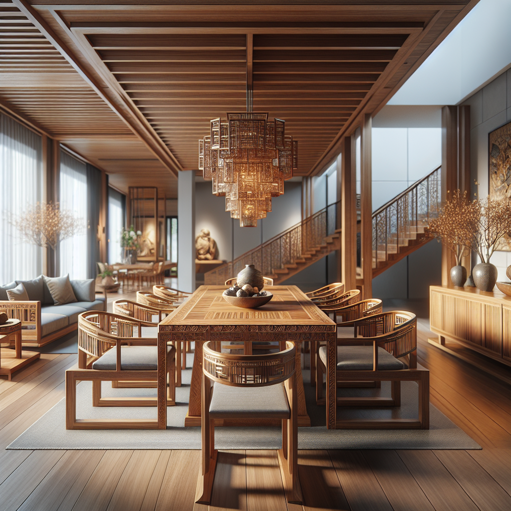 Indonesian teak wood dining table and chairs set in natural light