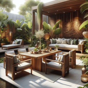 Indonesian teak garden furniture in a lush outdoor setting