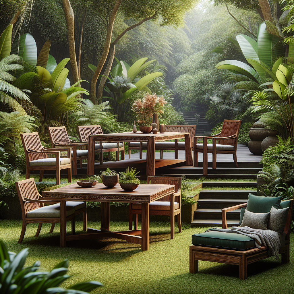 Indonesian teak garden furniture set with table, chairs and bench under sunlight