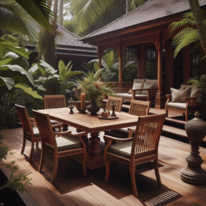 Indonesian teak outdoor dining set with chairs on tropical wooden deck
