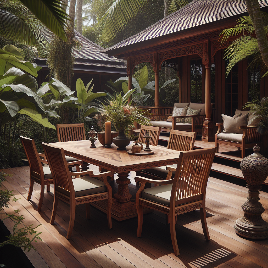 Indonesian teak outdoor dining set with chairs on tropical wooden deck