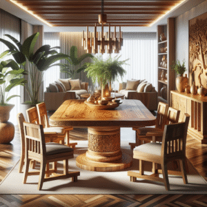 Indonesian teak wood dining table and chairs in a modern living room