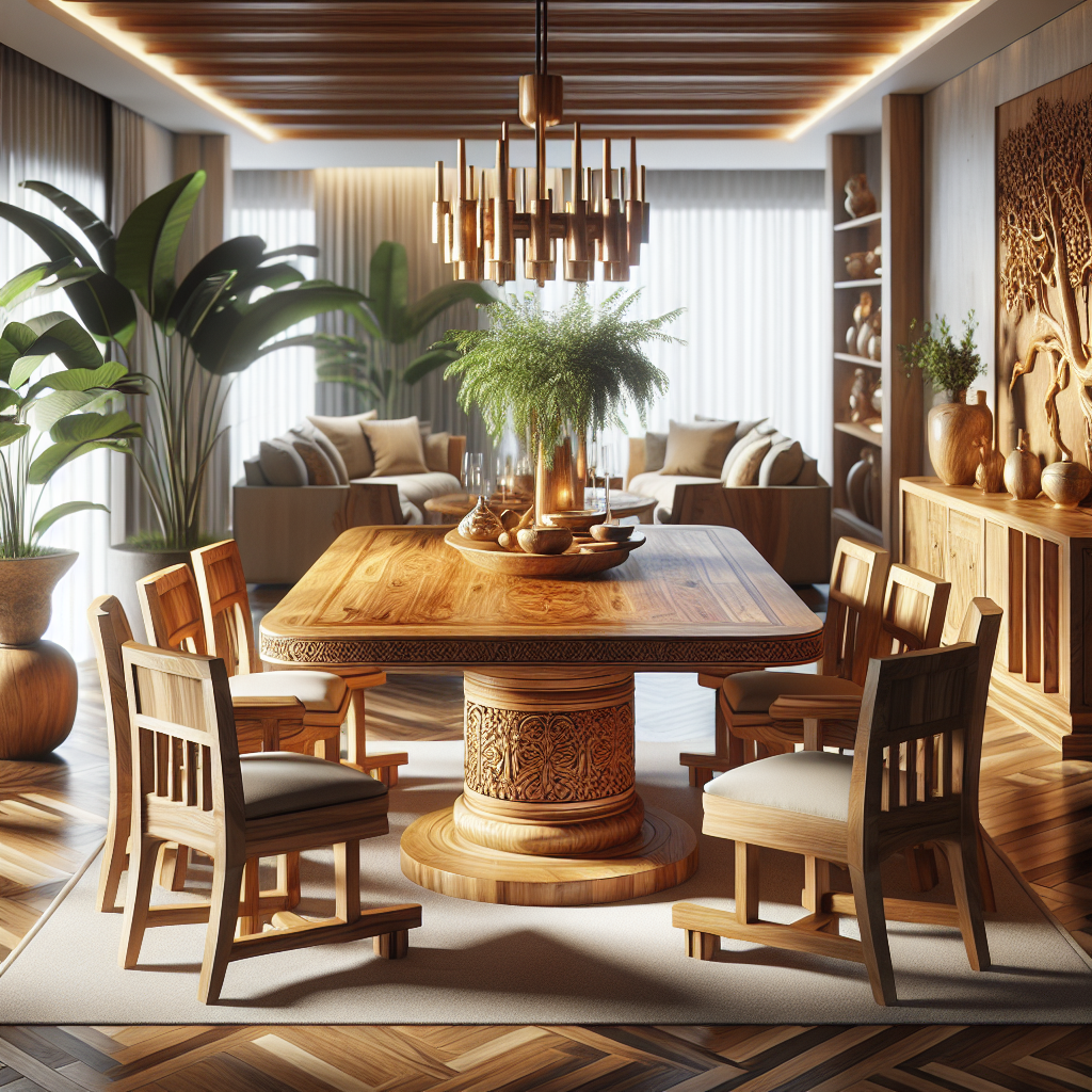 Indonesian teak wood dining table and chairs in a modern living room