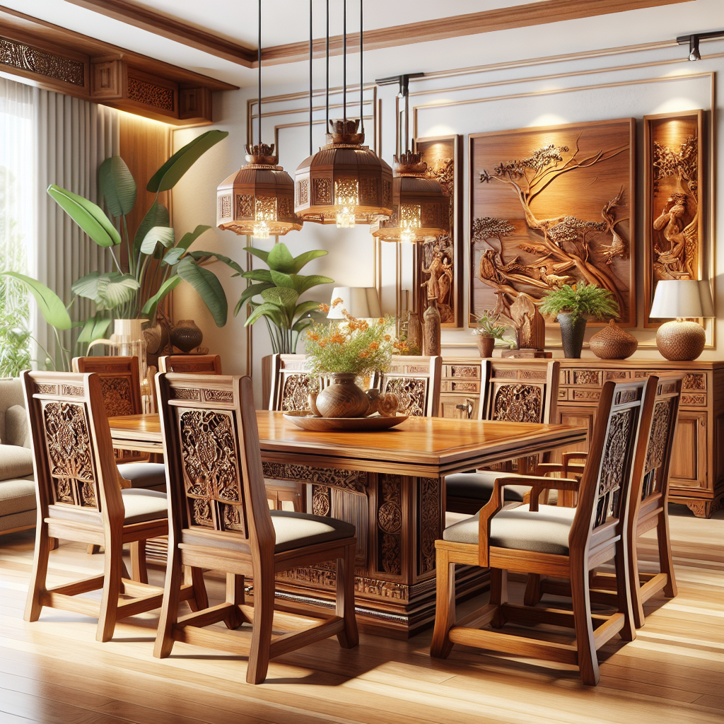 A set of handcrafted Indonesian teak wood furniture in a modern room