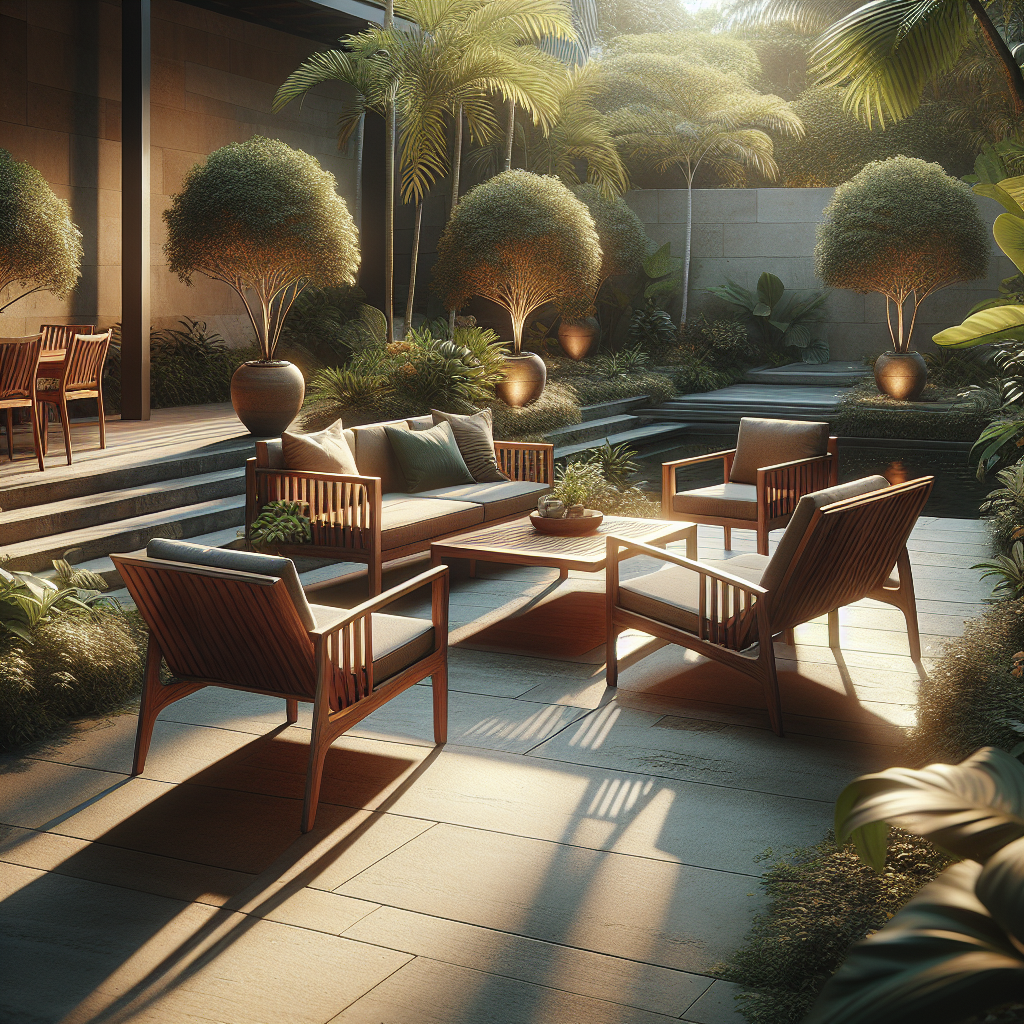 Indonesian teak garden furniture set in a lush garden
