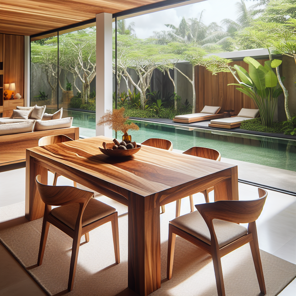 Elegant Indonesian teak wood dining table with chairs in modern setting