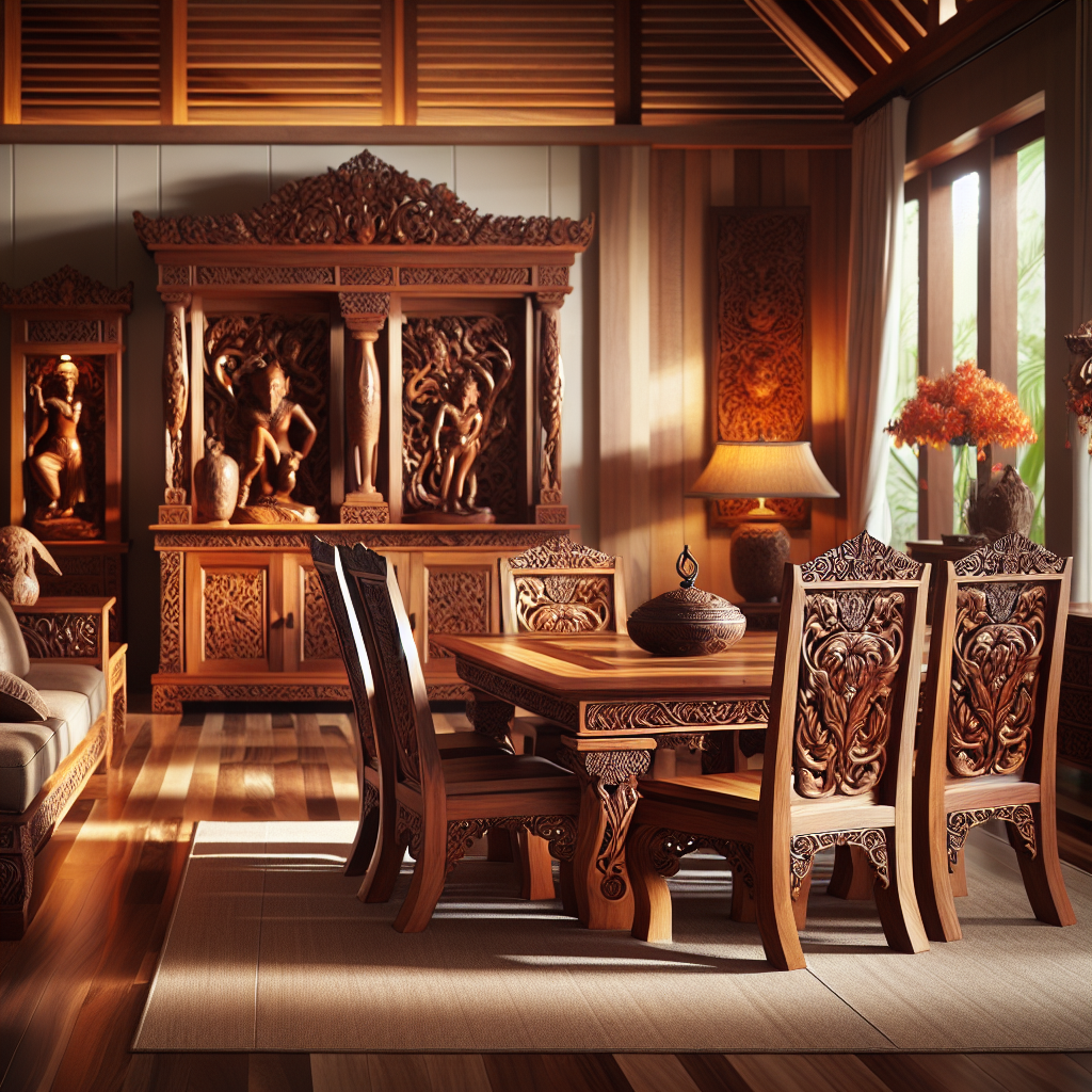 Indonesian teak wood dining set with natural wood grain