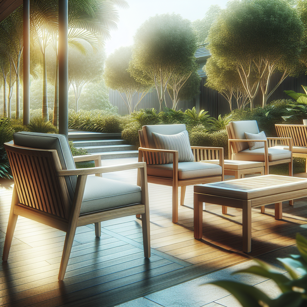 Teak patio furniture chairs with cushions on outdoor patio