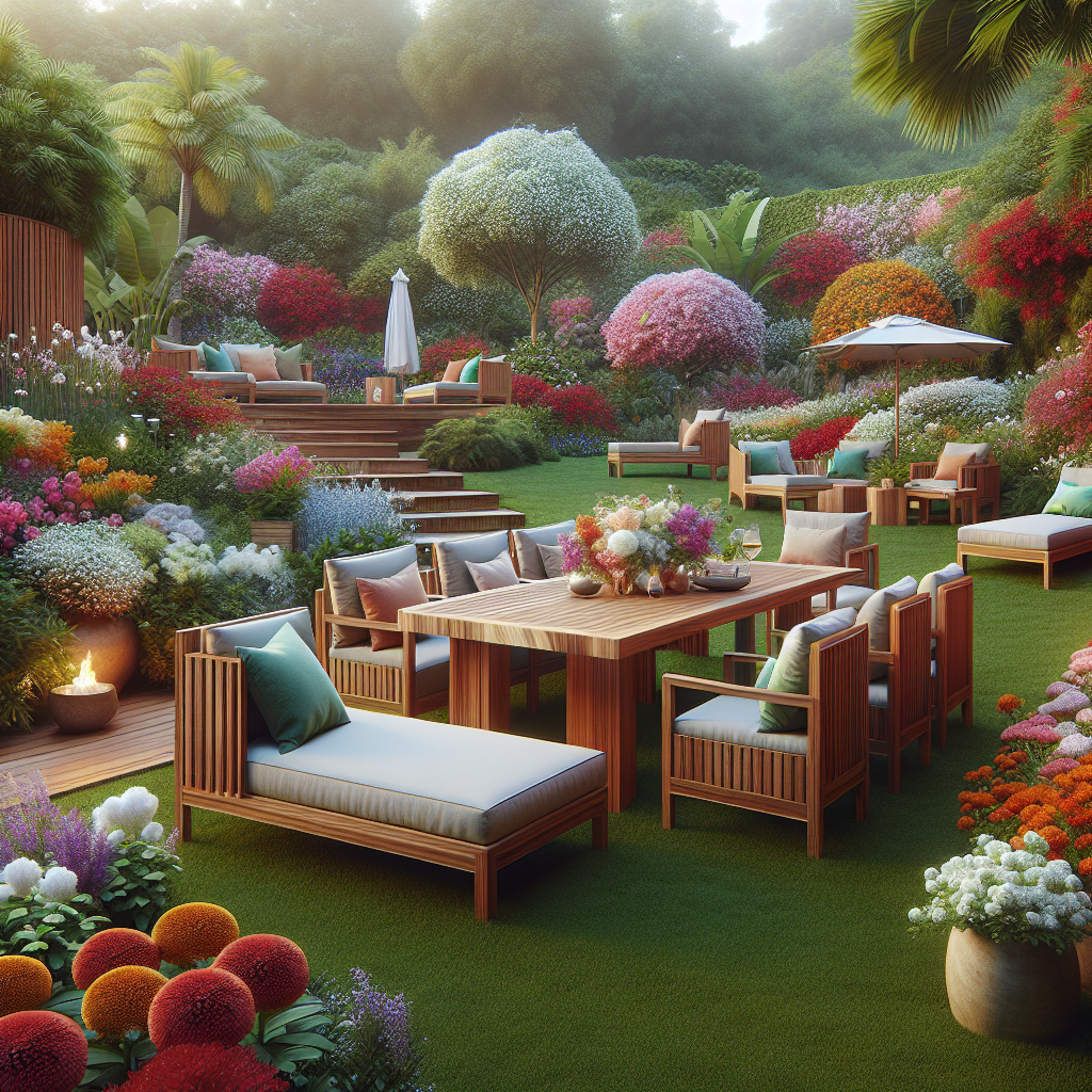 Teak wood garden furniture in a green garden setting