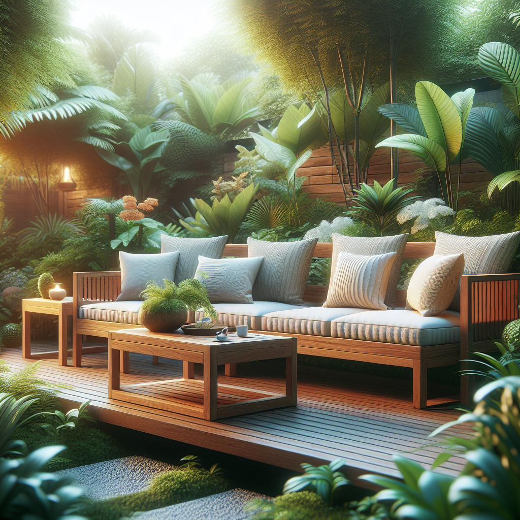 Teak garden sofa with cushions in a sunny garden