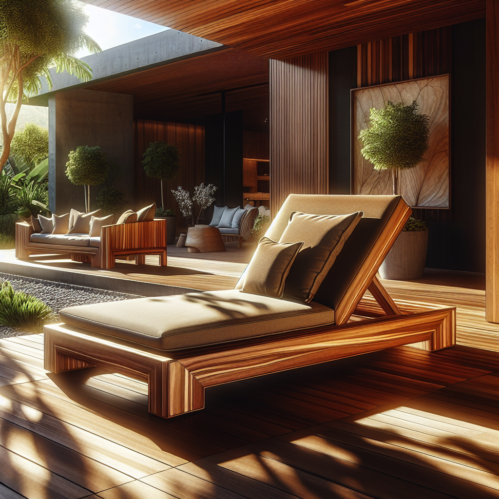 Solid wood sun lounger with cushions on a patio