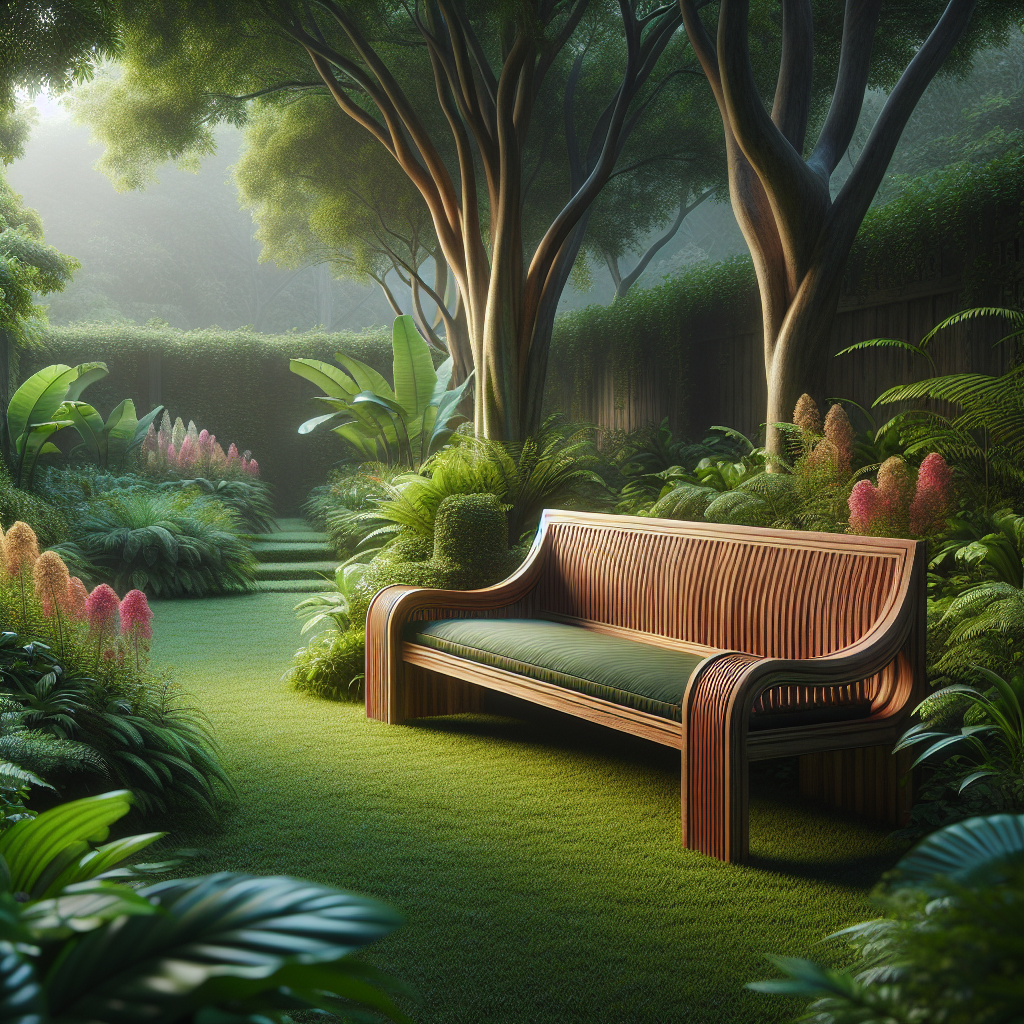 Teak wood garden bench surrounded by vibrant flowers and greenery