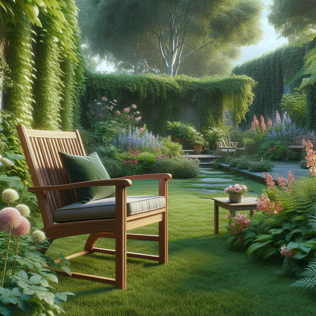 Teak garden chair with cushions in a vibrant garden