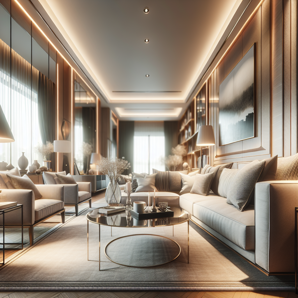 Modern sofa with soft cushions in a cozy living room